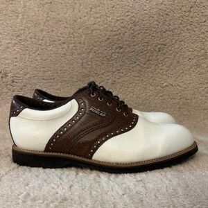 Dunlop Mens White Brown Saddle Golf Shoes Spikeless Classic Brogue Perforated
